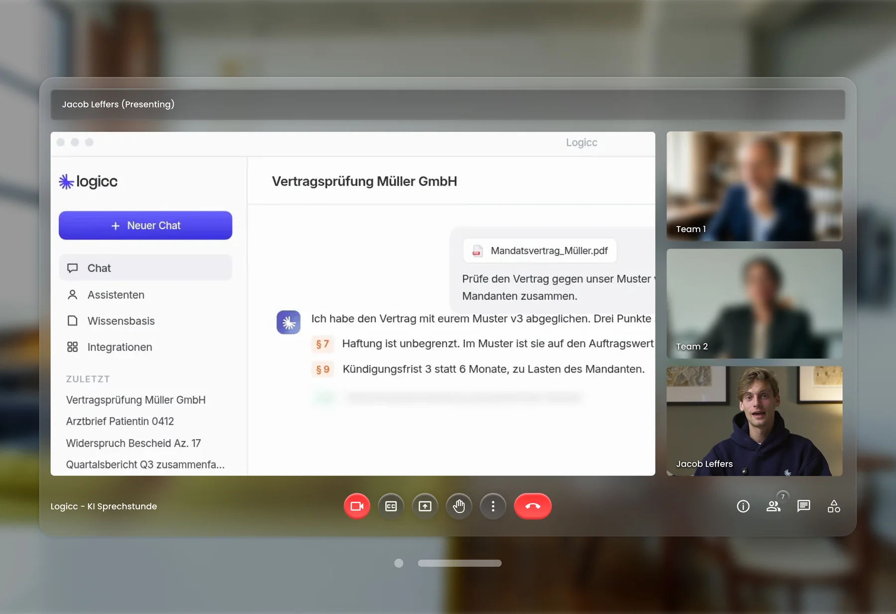 Live-Demo in der KI-Sprechstunde: Jacob Leffers zeigt die Vertragsprüfung in Logicc